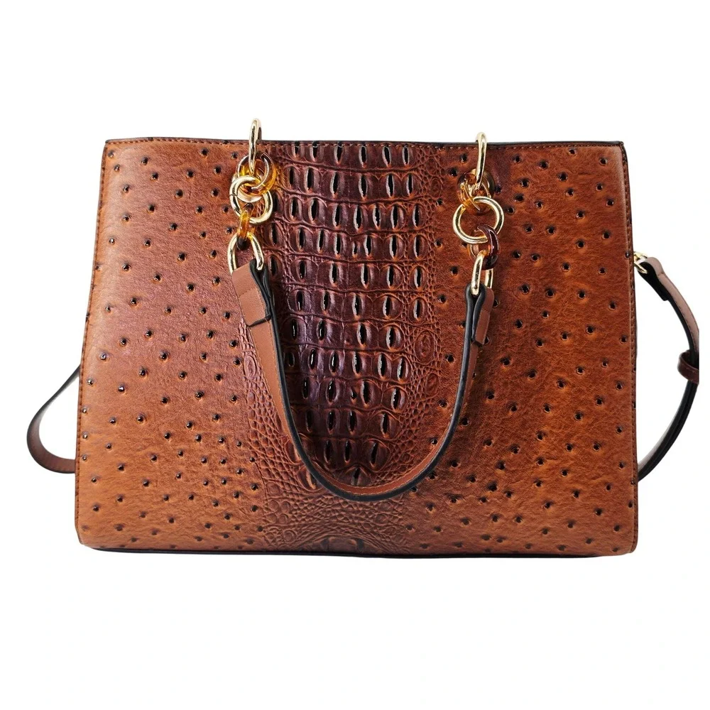 Brown‎ Croc Ostrich Embossed Satchel Handbag Crossbody Gold Chain Link Strap